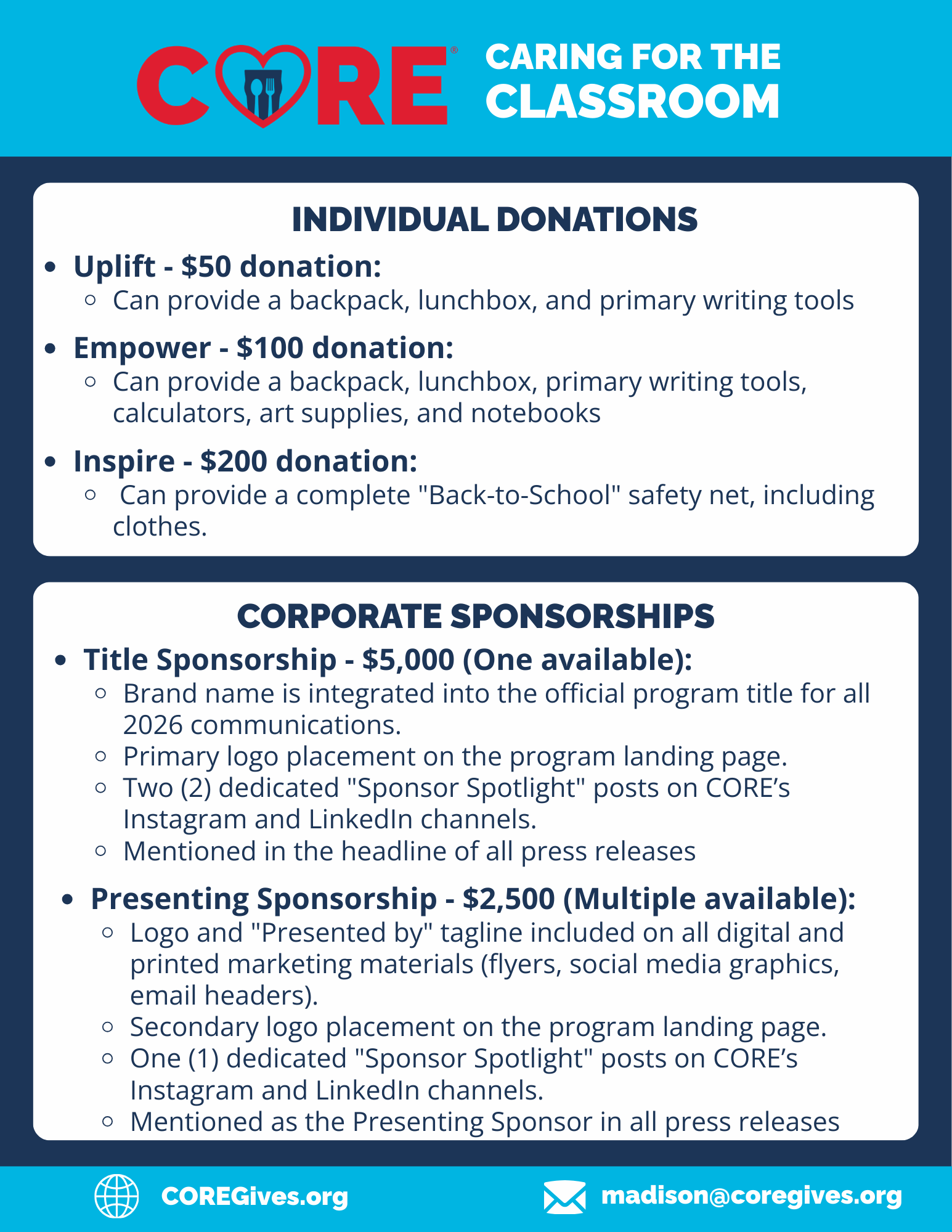 Caring for the Classroom Sponsor Benefits